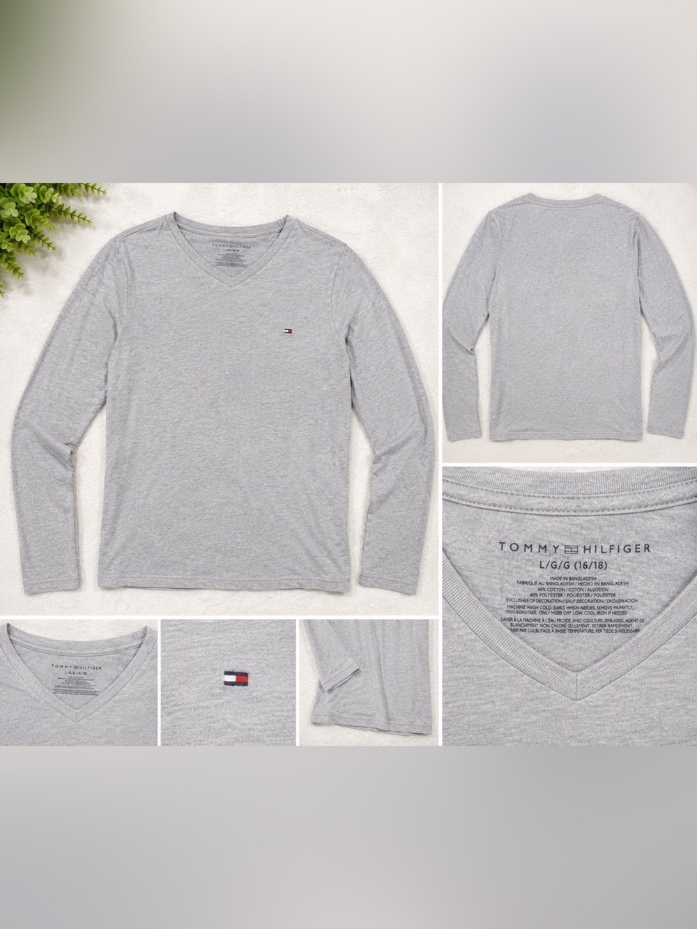 Tommy Hilfiger Gray V Neck Long Sleeve Tee Youth Large 16/18